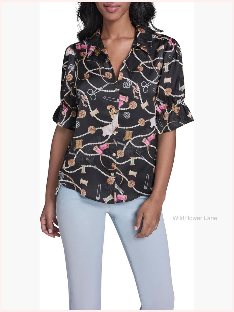 Ruffle Sleeve Button Down Blouse With Printed Sewing Theme
